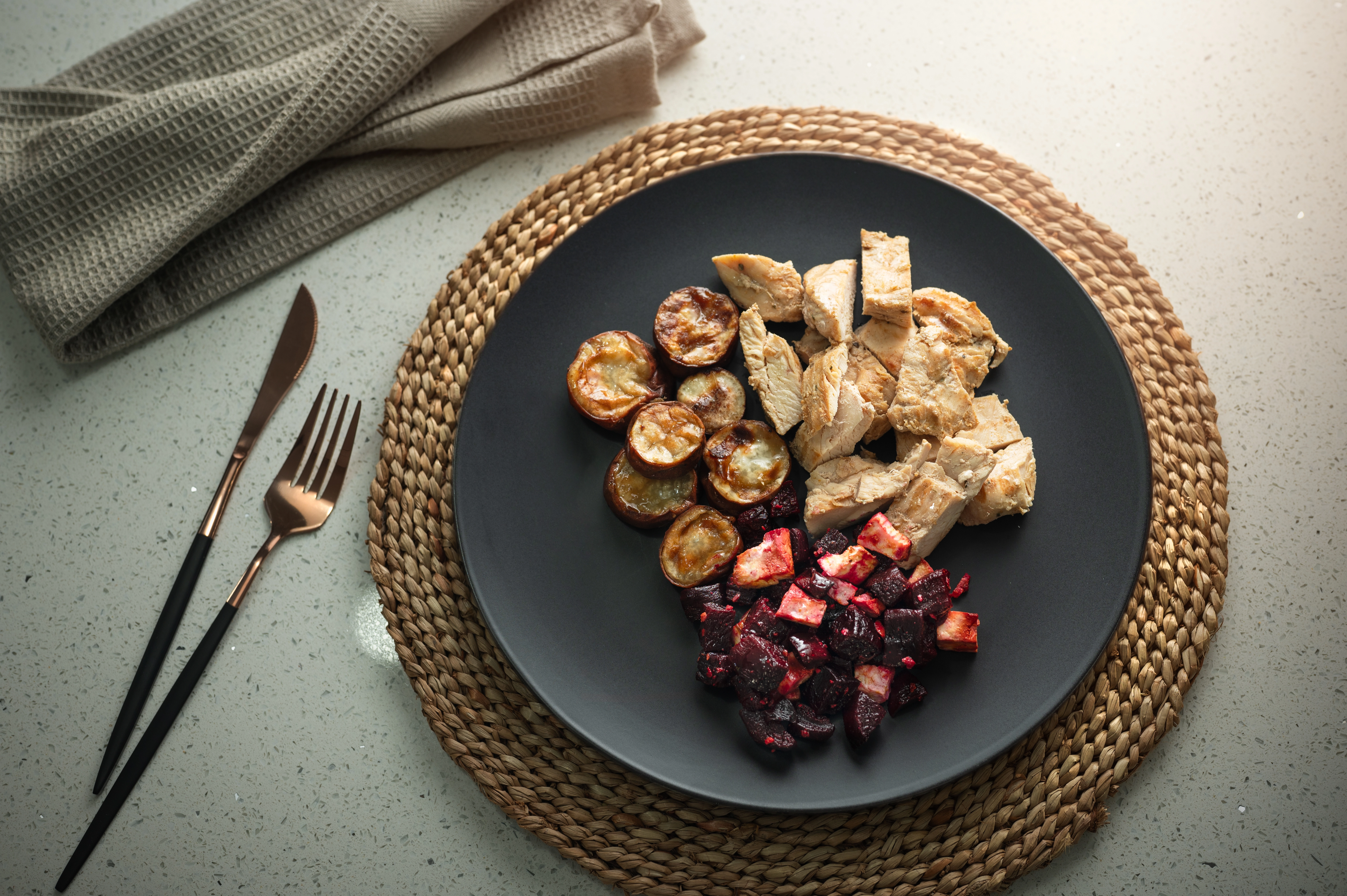 Grilled chicken with roasted sweet potato, beetroot and feta