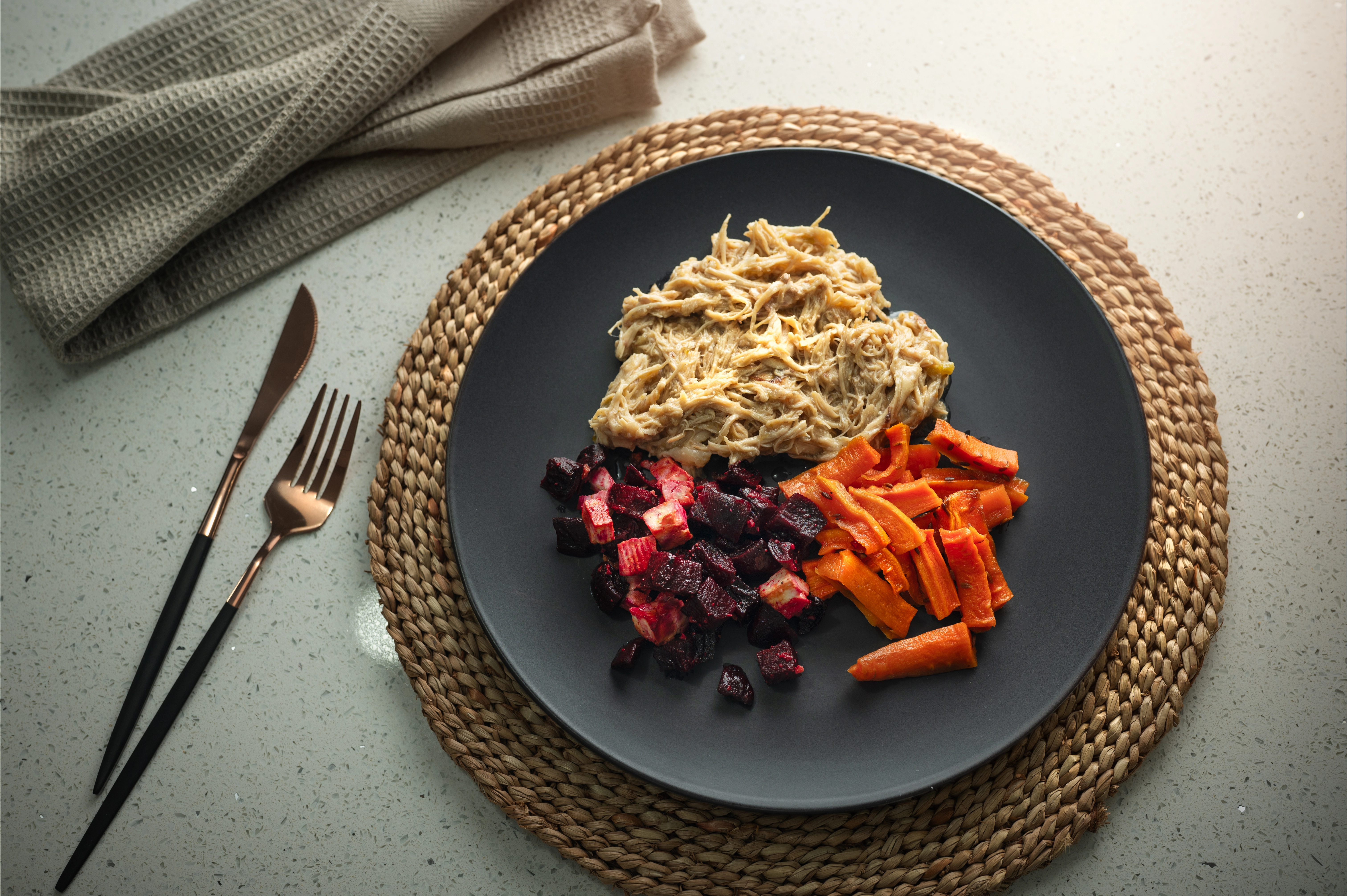 Pulled chicken with roasted beetroot, feta and honey carrots