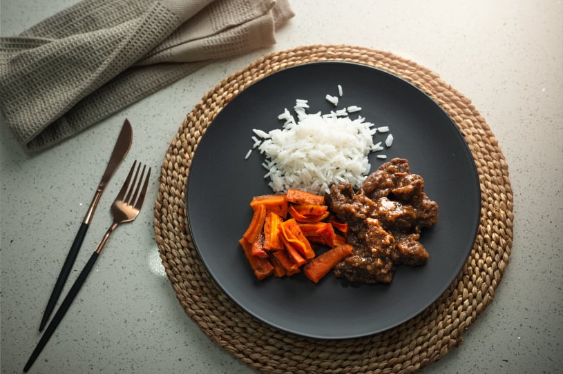 Kudu stew with basmati rice and honey roasted carrots